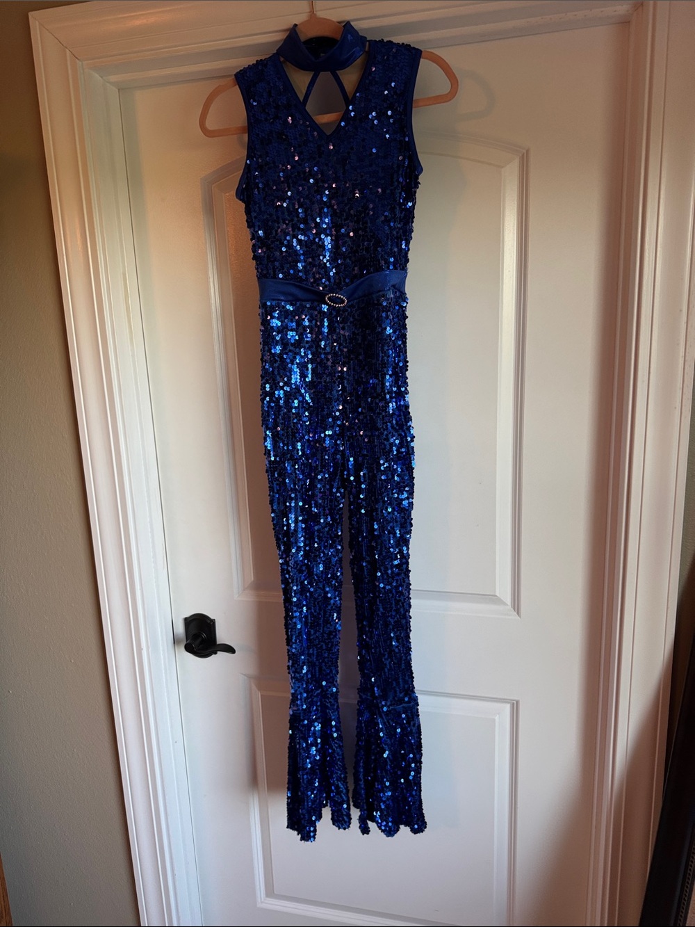 Weissman style 16351 Royal Blue Sequin Jumpsuit with Choker Neck and bell bottom